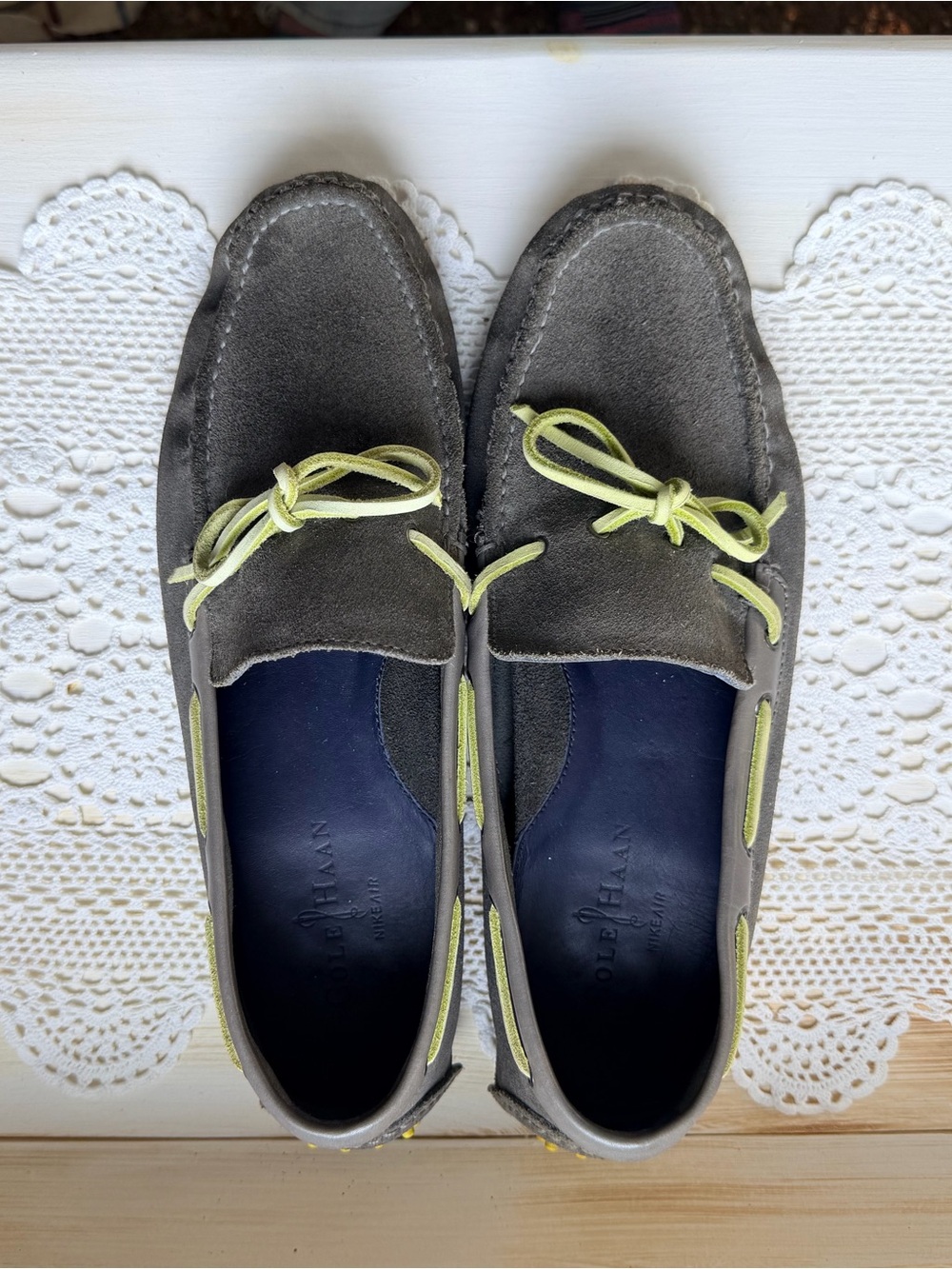 Cole Haan Nike Air Driving Loafers Gray Suede Lime Accents Men’s 10M C11497